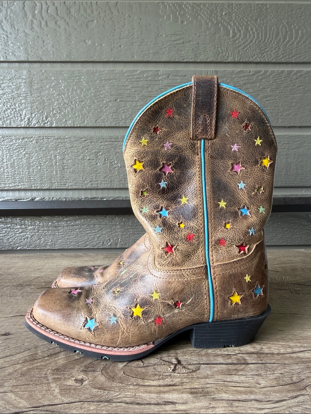Dan post starlett Brown Leather Star Accent Cowboy Boots Turquoise Trim size 5 - Picture 3 of 7